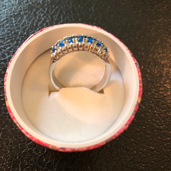 Women’s Silver Created Blue Sapphire/Diamond Ring - Picture 2 of 3